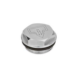 GN 742 Threaded Plugs with and without Symbols, Viton-Seal, Aluminum, Resistant up to 180°C Type: AS - With DIN drain symbol, plain finish<br />Identification no.: 1 - Without vent hole