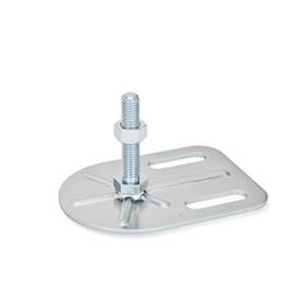 GN 42 Pieds de machine avec patte de fixation, acier zingué, forme rectangulaire Type (base): G0 - sans sous-couche en caoutchouc, avec 2 trous à fente<br />Version (vis): SK - avec écrou externe hexagonal externe en bas