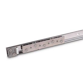 GN 1490 Linear Guide Rail Systems, Stainless Steel, with Inside Traversal Distance Type: A5 - with one cam roller carriage with 5 rollers<br />Identification no.: 1 - with one end stop<br />Material: NI - Stainless steel