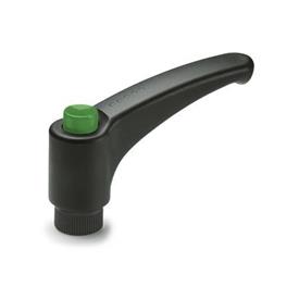 GN 603.1 Verstellbare Klemmhebel mit Ausrastknopf, Kunststoff, Buchse Edelstahl Farbe (Ausrastknopf): DGN - grün, RAL 6017, glänzend