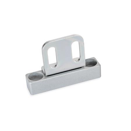 GN 4470 Magnetic Catches, with Rubberized Magnetic Surface Type: A1 - Magnetic surface top, with bore
Coding: L2 - With contact plate, L-profile, with slotted hole
Finish: SR - Silver, RAL 9006, textured finish
